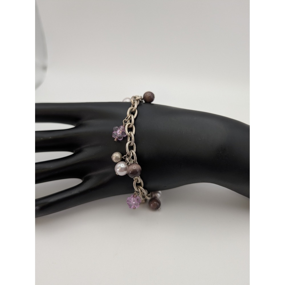 Unsigned Silver Tone Charm Bracelet Purple Flower Faux Pearl Dangle